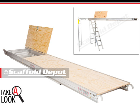 A scaffolding hatchdeck and a detailed image showing the deck connected to a frame and ladder