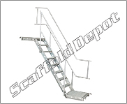 A steel access stair unit with corrugated steps and platform. Inside and Outside guardrails are attached to the stairs.