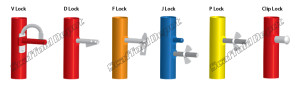 A illustration of Scaffold Depot's Clip-lock, P-lock, J-lock, F-lock, D-lock and V-lock.