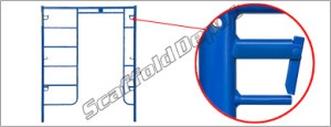 A Scaffold depot arch frame measuring 78 inches high by 60 inches wide, with a blue powder-coated finish. The image includes a zoomed-in view of on the frame locks.