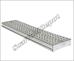 An AU Series Rhino Built steel scaffoldn plank featuring a symmetrical punched hole pattern corrugated work surface and electro-galvanized end caps.