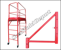 A multi function scaffold deck unit with side-rails, and a close-up of a bracket.