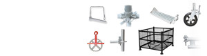A selection of miscellaneous ring system products such as a caster, pulley, pin etc.